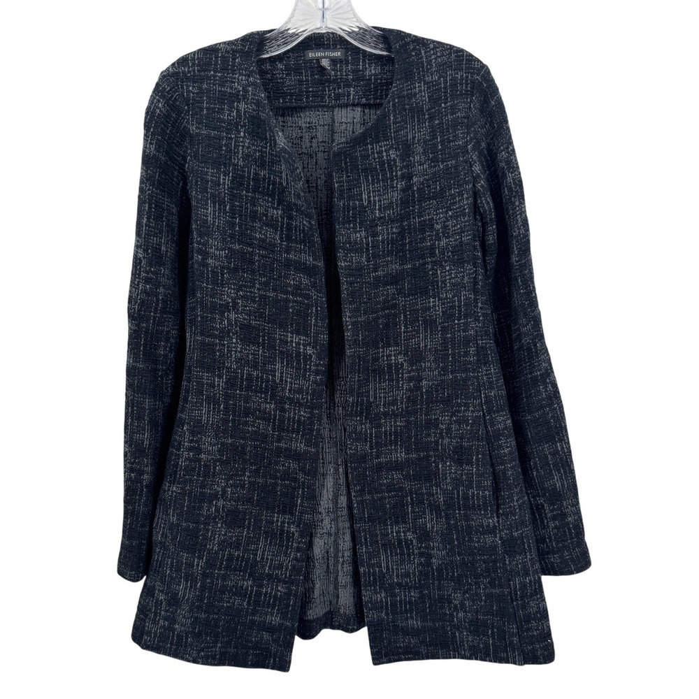 Eileen Fisher Open Front Cardigan Blazer Women S Grey Textured Knit Long Coat